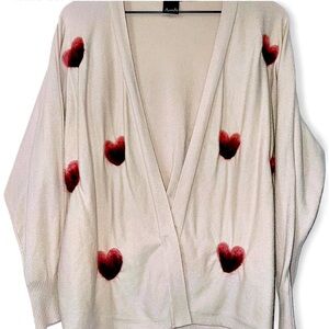 Aaeda Cardigan Women’s M/L Beige Heart Print Dolman Sleeve Open Front Romantic